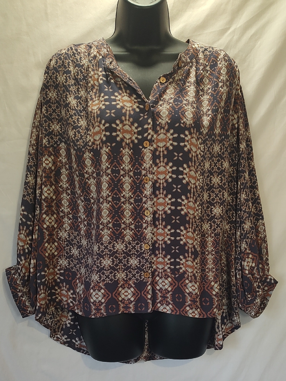 Tolani Navy and Brown Geometric Print Button-Down Blouse